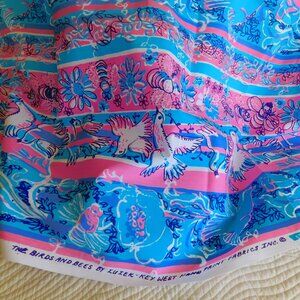Vtg Birds & Bees Zuzek Key West Hand Print Fabric blue pink cotton material 1 yd
